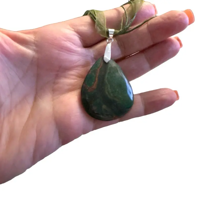 Green agate, polished , tear drop natural crystal pendant 4