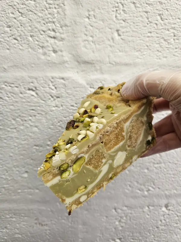 Pistachio White Chocolate Blondie Cookie Pie Slice 2