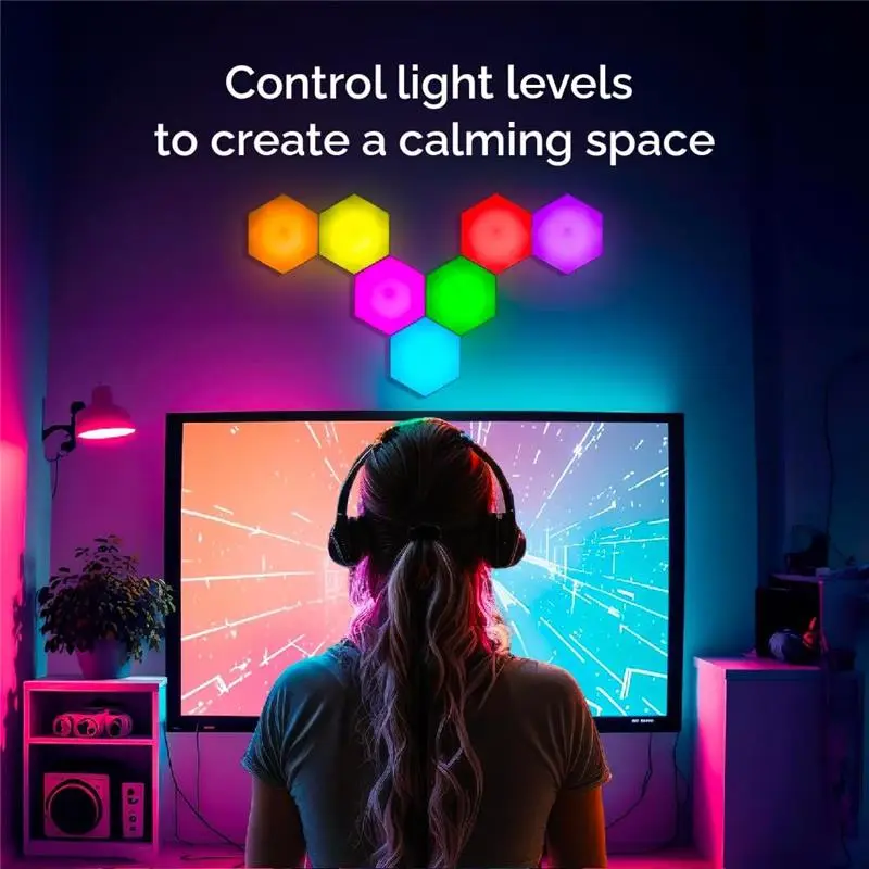 Sensory Lights, Tap Tap & Remote Control Hexagon LED Lights — 13 Colors, 7pk, Elevate Your Space With These Premium Hexagon Wall Panels — Great for Sensory Room & Gaming Lights For Bedroom 5