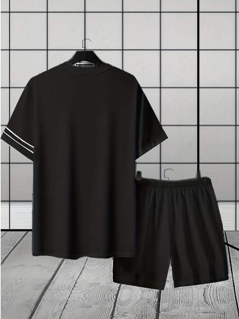 Product Introduction of Plus Size Men's Striped Casual Outfit Set - Comfortable Polyester T-Shirt & Shorts with Pockets, Round Neck, Elastic Waistband for Everyday Streetwear, Light Gray, PLUS SIZE 2