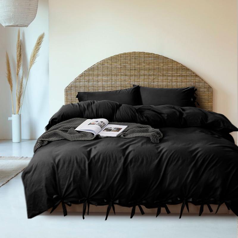 Luxury 3 Piece Duvet Quilt Cover Set Plain Bow Knotted Duvet Covers with Pillowcases Button Closure Breathable Microfiber Dyed Duvet Covers Sets 3