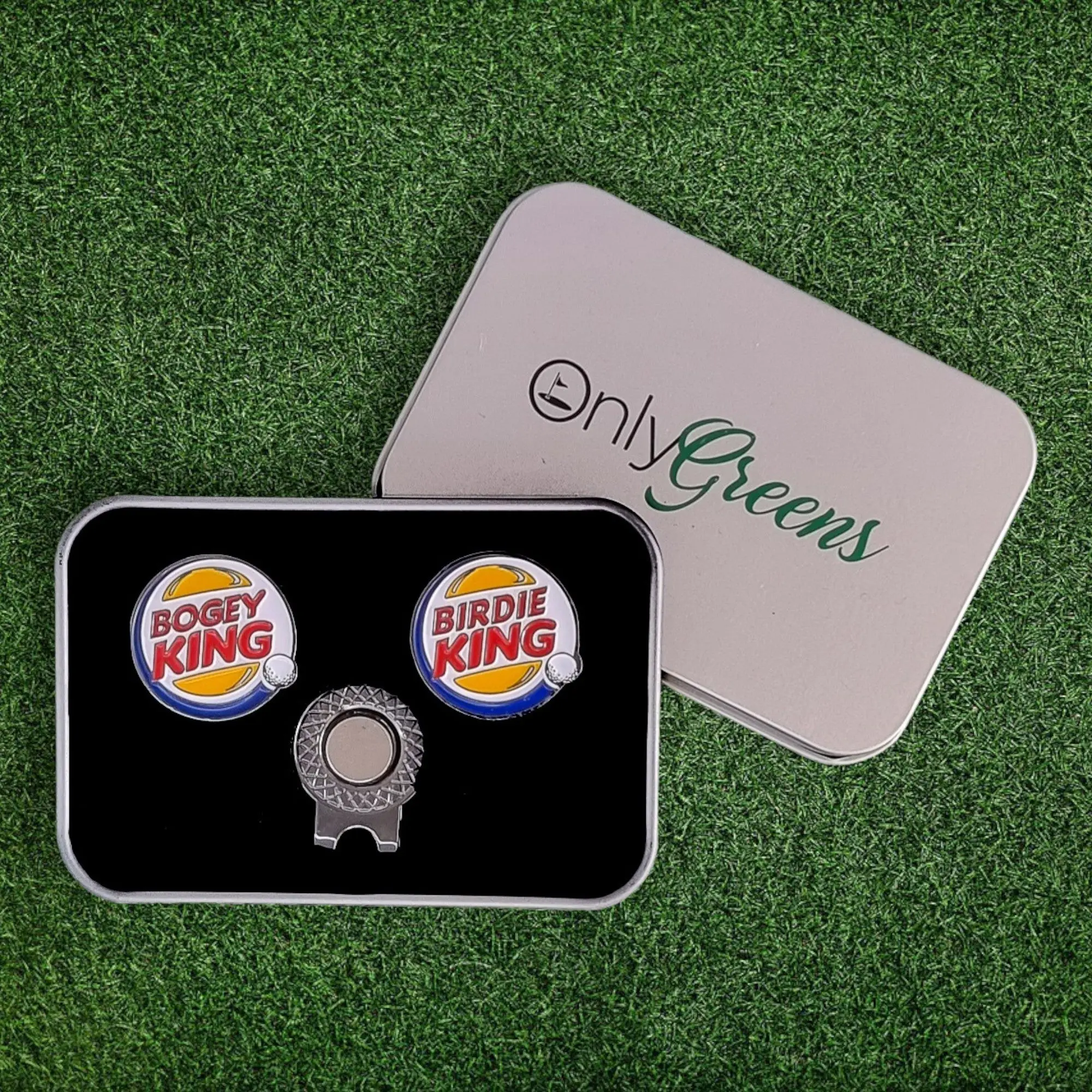 Golf Ball Marker & Hat Clip Set - Bogey/Birdie King - Complete in Gift Tin