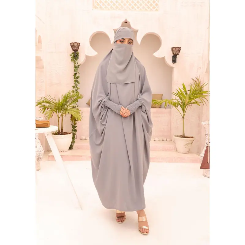 ASL-208 Haya - Grey 1 Piece Jilbab Prayer Set with Elasticated Cuff 0