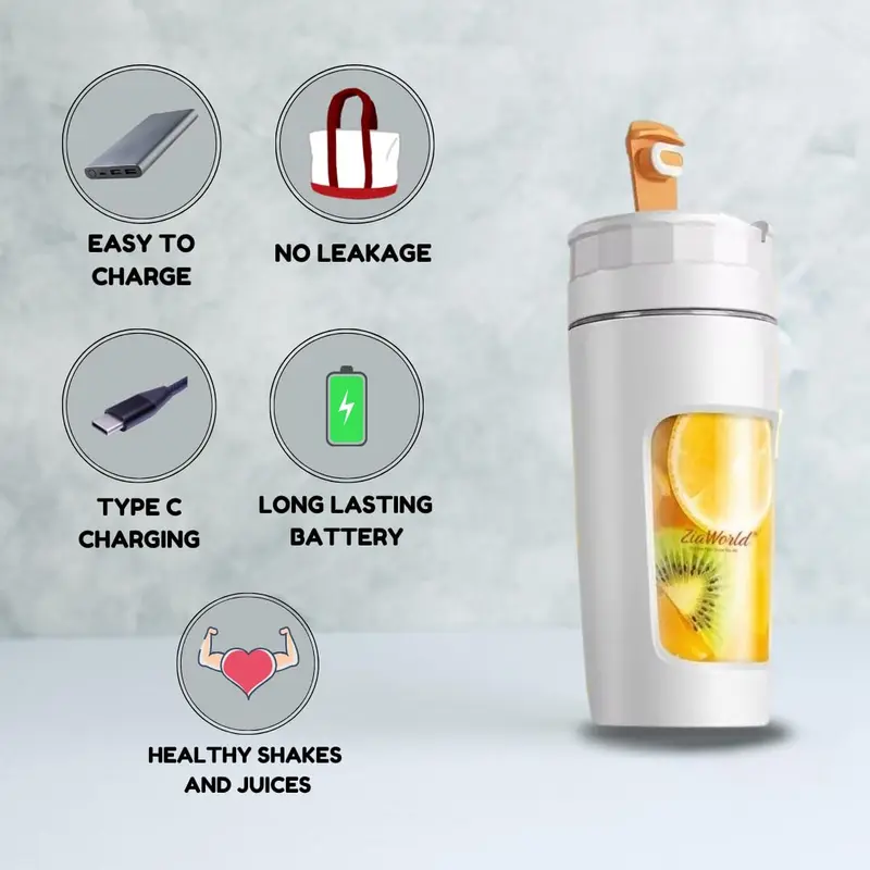 ZiaWorld 600ml Portable Juicer Blender for Juice, Milkshake, Smoothies, Protein Shakes, Portable Cordless Mini Travel Mixer, Rechargeable, Lid & Sip Spout, Blend Ice & Frozen Fruit (BPA Free, White) 3