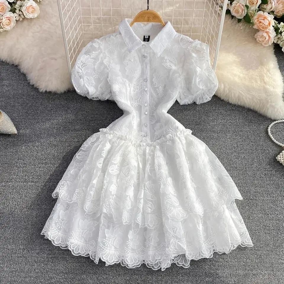 Summer Chic Lace Patchwork Dress for Women Puff Sleeve Lapel Tierred Ladies Dresses A-line Sweet Girls Vestidos Dropshipping Casual Collar Womenswear Short Fit