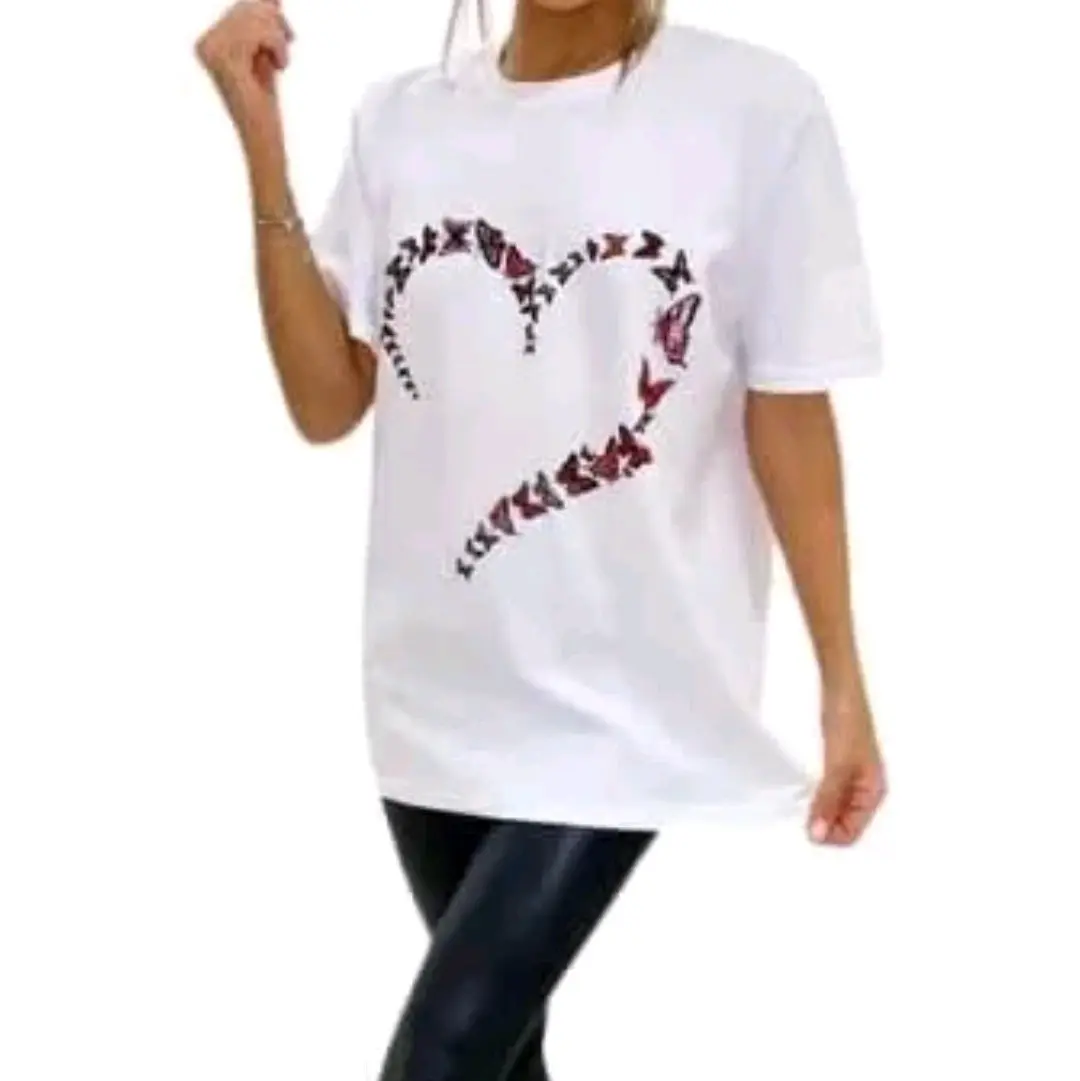 Ladies Womens Butterfly Heart Design T-shirt Womenswear Top Lady Streetwear Comfort Summer Butterflies Crewneck Casual Round Neck Comfortable Day Elegance Everyday Love Shorts Soft Jeans coats