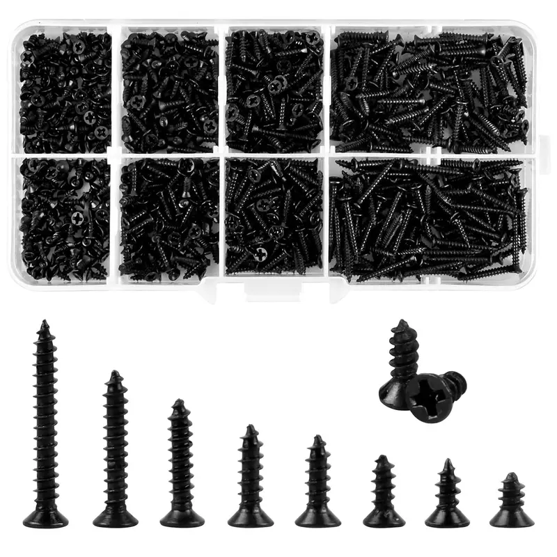 800 Pcs M2 Self Tapping Screw Kit Small Black Carbon Steel Self Drilling Screws Tiny Wood Screw Flat Countersunk Cross Head Screws Assortment Set for Wood Soft Metal Plastic 4/5/6/7/8/10/12/16 mm 0