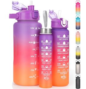 [30% OFF] Drinking Bottle (3 Pack) BPA Free Gym Sport Water Bottles 2000ml + 900ml + 300ml with Carry handle, Straw, Brush, Time Markings and Motivational Quotes