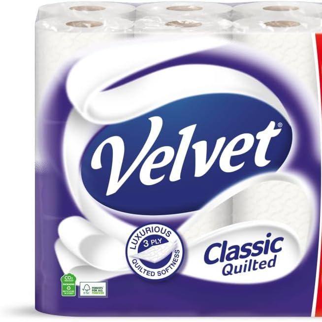 Velvet Classic Quilted Toilet Tissue 24 Rolls - Luxuriously Soft, Strong and Absorbent Toilet Roll - Jumbo Bulk Pack 24 Rolls - 3-ply - White 1