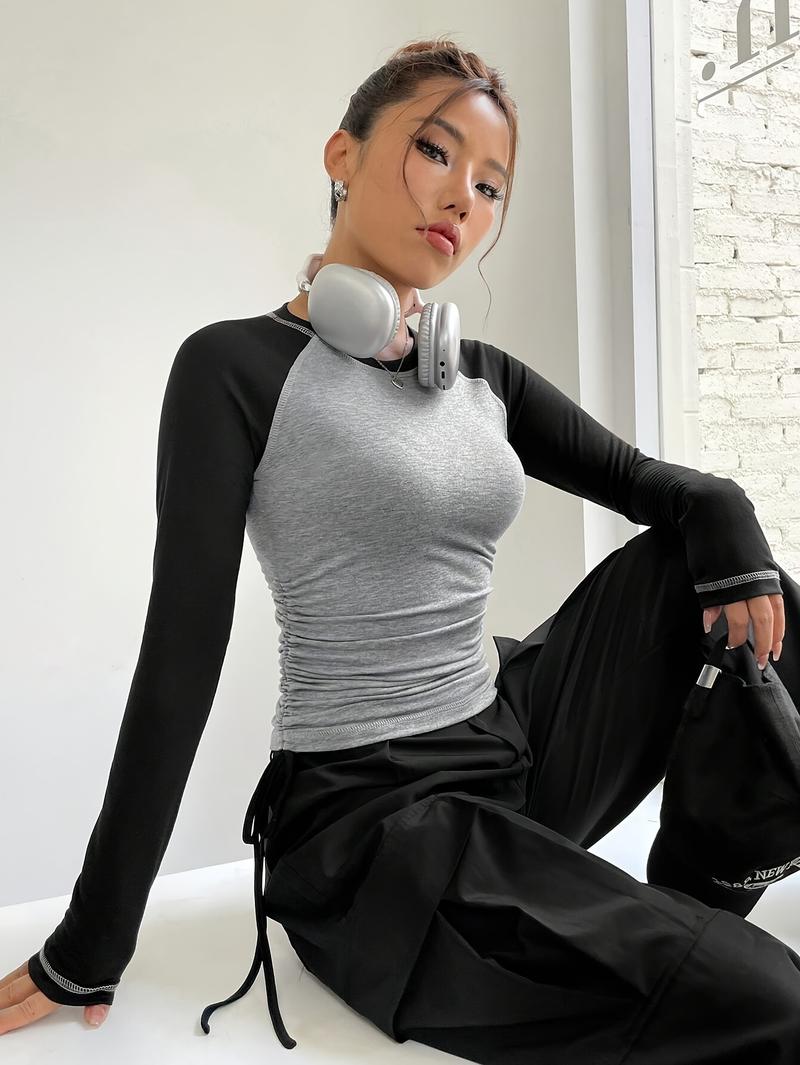 Product Introduction of Women Long Sleeve Slim Fit T Shirts Holiday Party Crop Top Y2k Long Sleeve Korean Harajuku Kpop Graphic Patchwork Tee 4