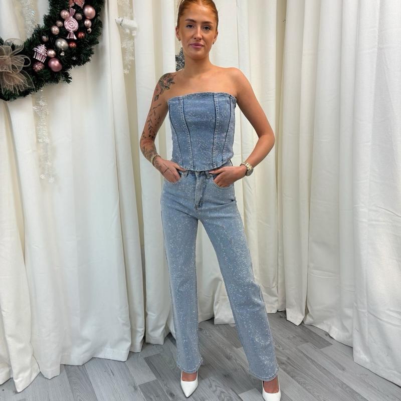 LUXE 1000+ Diamanté Rhinestone Sparkly Denim Corset Top Bralette 2