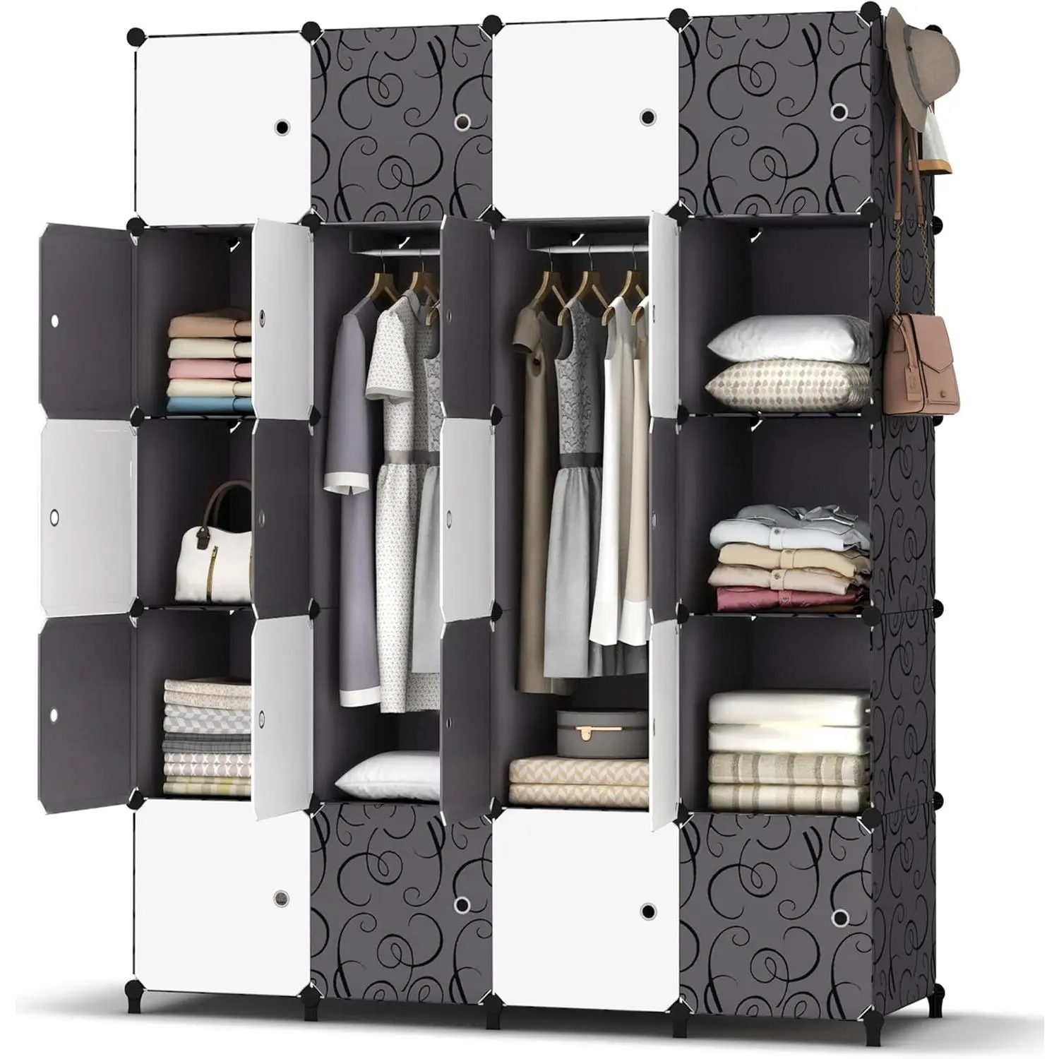 Portable Wardrobe 20 Cube Closet with 3 Clothes Hanging Rails, 14"x18" Deeper Cube Combination Armoire Modular Cabinet Storage Organizer for Bedroom Clothes Shoes Toys, Black and White