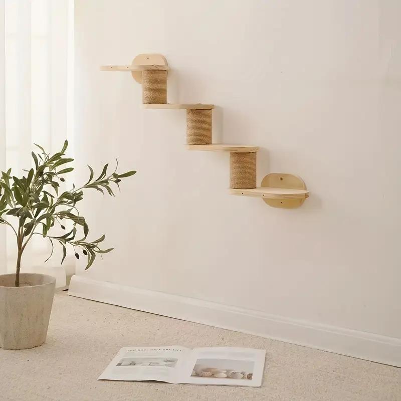 Multi-Level Wooden Cat Climbing Frame with Sisal Scratching Posts – Wall-Mounted Cat Condo & Jump Platform for All Seasons, Natural Wood Finish, Perfect for Indoor Cats, Cat Wall Climbing System 3