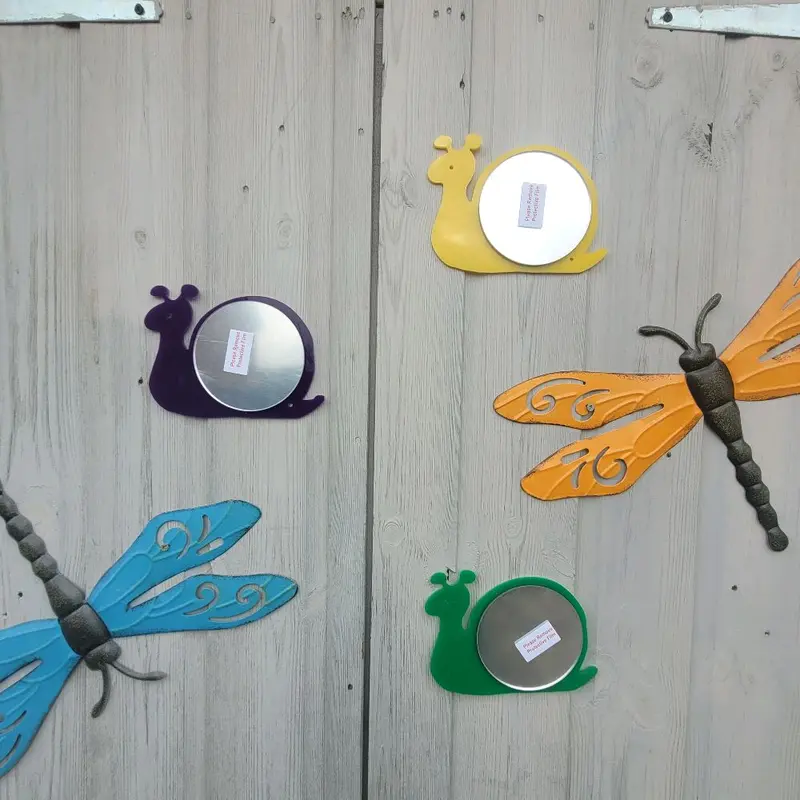 set of 5, acrylic snail mirrors, dragonfly ornaments NOT included. sensory garden 7
