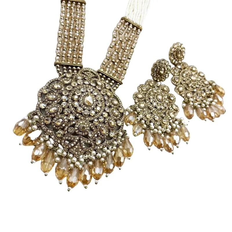 Gana Gold Stone Long Necklace Set - Antique Gold Indian Jewellery (Free Delivery) 2