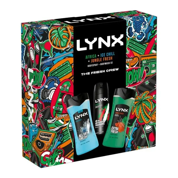 Lynx Body Spray Trio Gift Set - The Fresh Crew Africa/Ice Chill/Jungle Fresh Cosmetic Body Care Body Wash Fragrance Deodorant Lemon Mint Moisturizer Silky Scented Scent Aroma