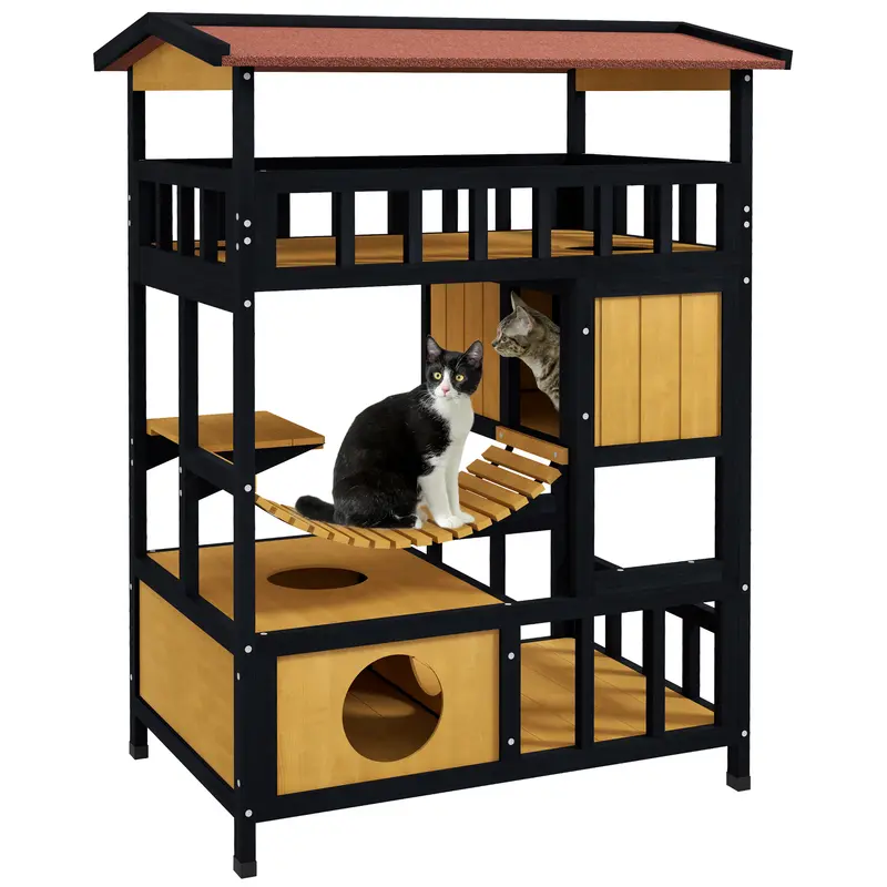 PawHut Cat House Wooden Cat Shelter Outdoor Cat House, 4 Tier Feral w/ Suspension Bridge, Balcony, Escape Doors, Water-Resistant Roof, for 1-2 Cats 1