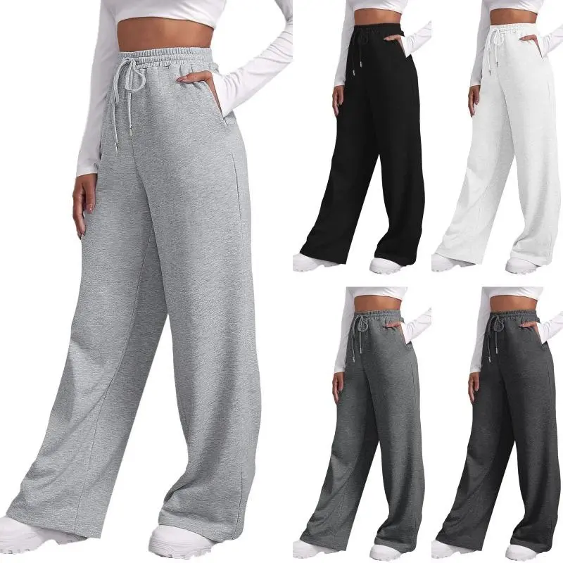 Wide leg pants for WOMEN'S fleece lined sweatpants straight pants bottom all-math plain fitness joggers pants travel basic womenswear trouser