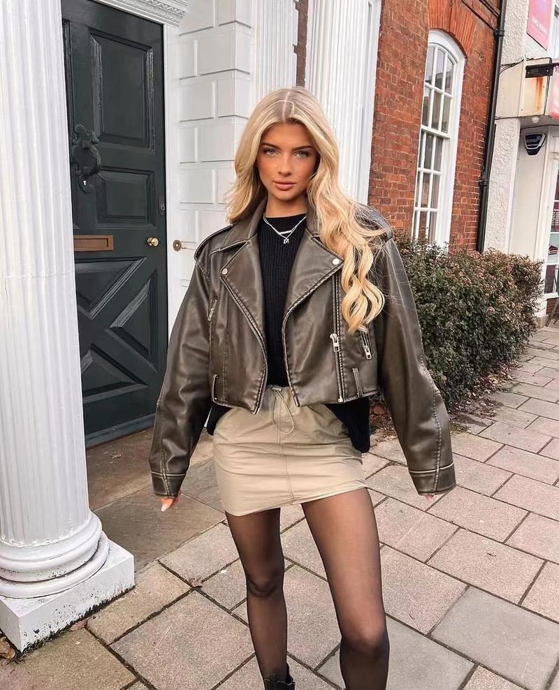 Product Introduction of NEW New Coal graysty le Women's washed leather jacket with belt, short coat with downgraded zipper and vintage lapel jacket HOT 19