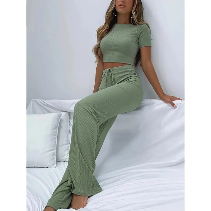 White Summer Chic - Womens 2-Piece Ribbed Crop Top & Drawstring Palazzo Pant Set - Soft Comfort, Casual Lounge Style