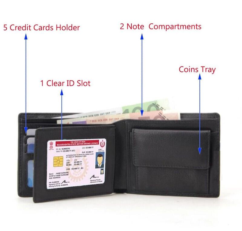 Designer Mens Leather Wallet - 1 ID Window - 1 Coin Zip Pocket - 2 Note Compartment - 5 Credit Card RFID SAFE Contactless Card Blocking ID Protection 5