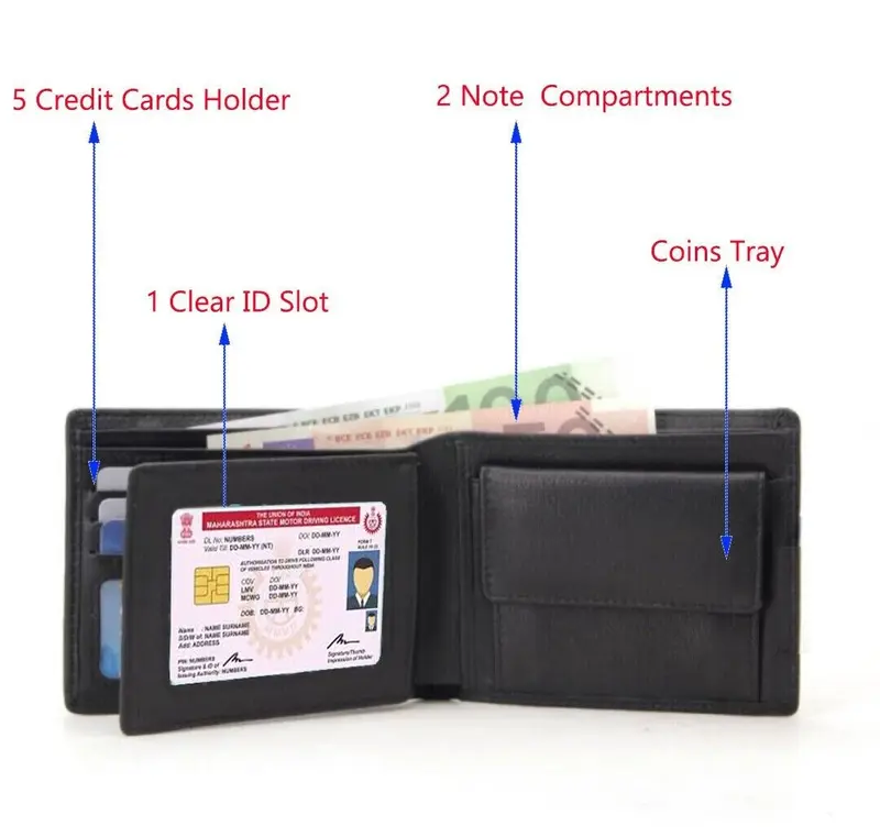 Designer Mens Leather Wallet - 1 ID Window - 1 Coin Zip Pocket - 2 Note Compartment - 5 Credit Card RFID SAFE Contactless Card Blocking ID Protection 5