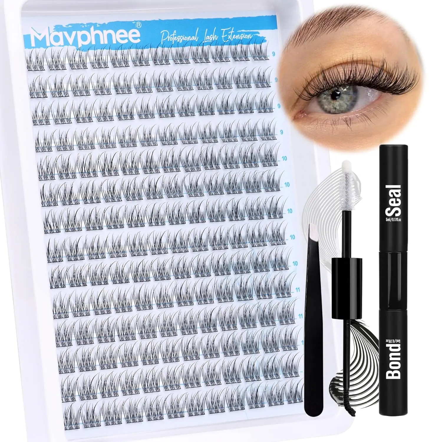Natural Cluster Lashes Kit 168 Pcs Wispy Lash Extensions CC Curl 9-11MM Mixed Lengths Eyelash Extension Individual Kit with Lashes Bond and Seal and Tweezers DIY at Home by Mavphnee