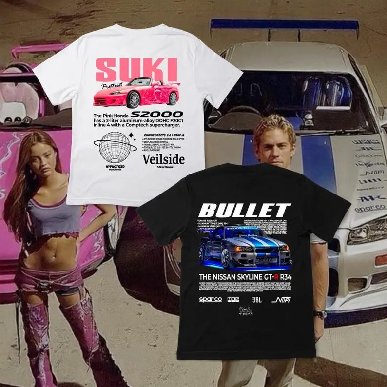 Fast and Furious T-shirt, couple, Suki, Bullet, duo, Honda s2000, Nissan Skyline, GTR-R34, for couple, Paul walker, 2 fast 2 furious