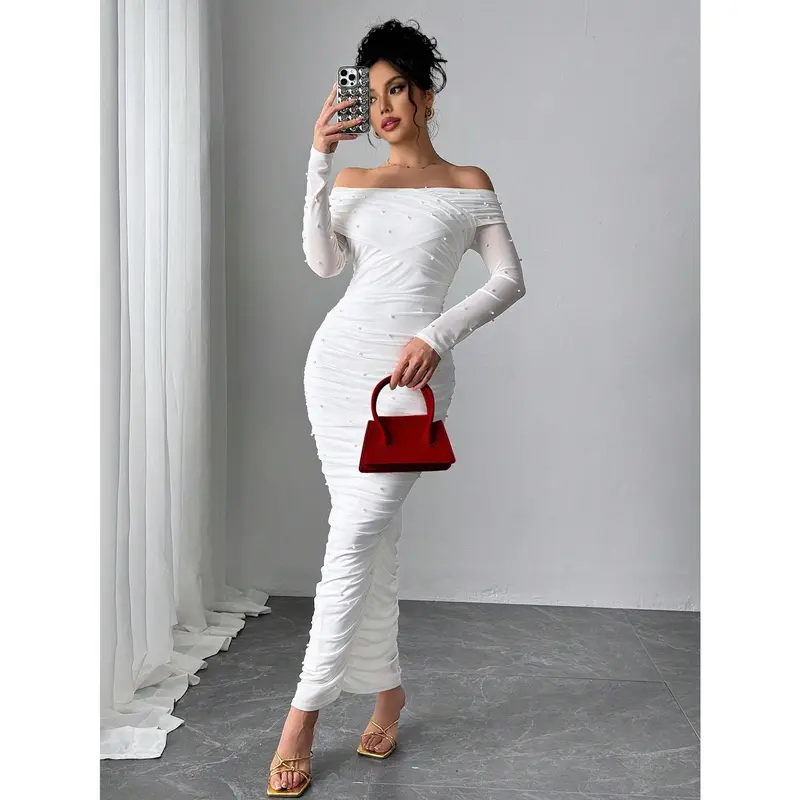 Firerie Women's Elegant White Open Shoulder Pearl Decor Ruched Slim Fit Maxi Dress, Graceful And Romantic For Party, Valentine's Day Fabric Formal 7