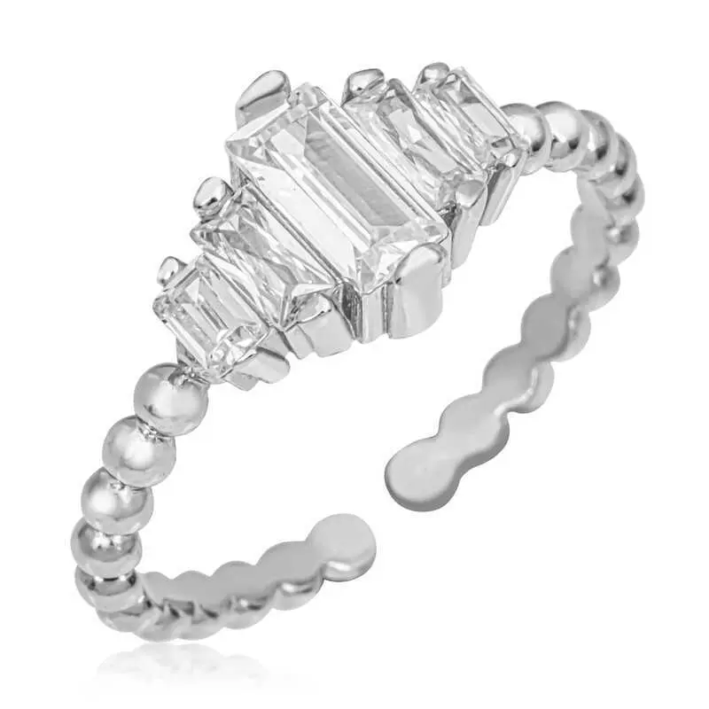 Sterling Silver White Baguette Zircon Stones Adjustable Ring 925 Anniversary Auspicious Birthday Daily Engagement Wedding Casual