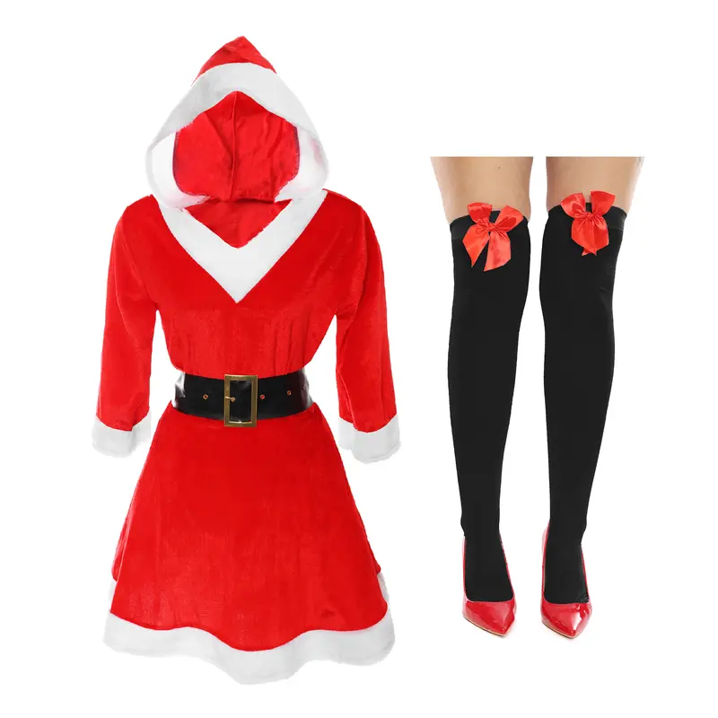 Mrs Claus Velour Dress Costume - Santa Claus Costume With Black Stockings With Red Bow - Fancy Dress Festive 0