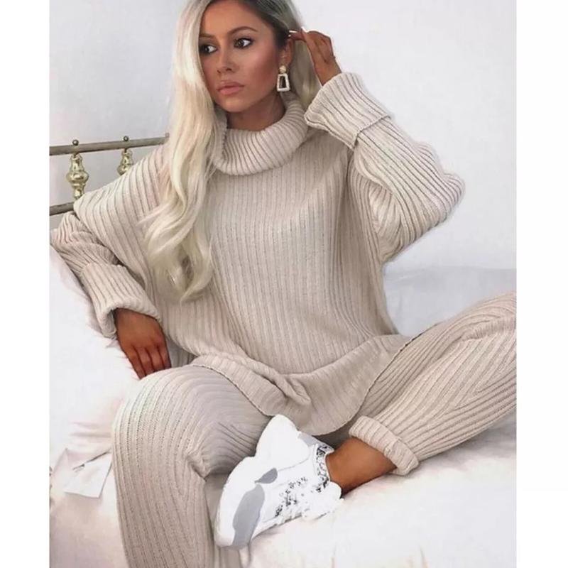 Ladies Chunky Knitted Loungewear Ladies Polo High Neck Top Leggings Suit Womenswear Overalls Underwear Lady Women Comfort Basic Long Sleeve Minimalist Chic Comfortable 8