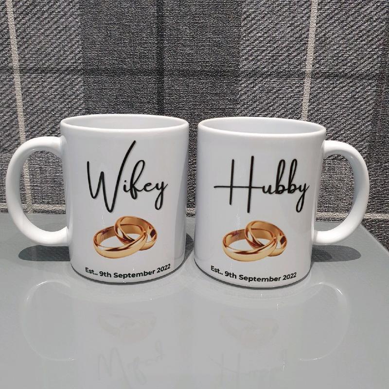 CUSTOMISED HUBBY  AND WIFEY MATCHING MUGS PERFECT FOR ANNIVERSARY OR WEDDING GIFT, personalised with name or date, various designs available 8