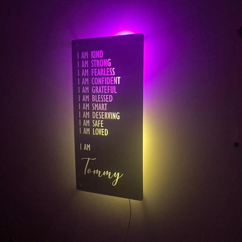 Custom Affirmations LED Name Mirror | Personalised Light Up Mirror Sign | Light Up Wall Sign | I AM Mirror | Multiple Colour Options | Remote Included 6
