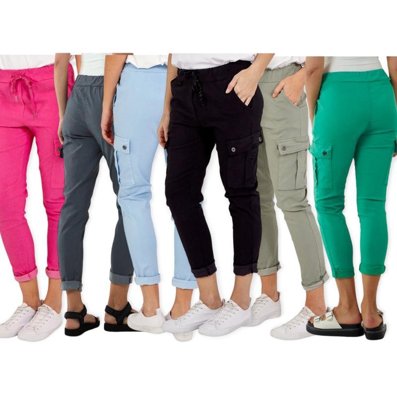 Women's Plain Combat Magic Cargo Stretchy Pants Ladies Italian Utility Pocket Joggers 1