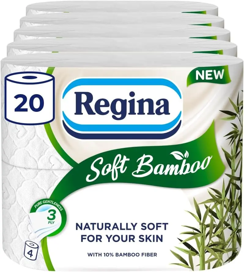 Regina Soft Bamboo - 20 Rolls of Toilet Tissue 3 Ply, 160 Sheets, Naturally Soft for Your Skin, Toilet Tissue Made with Bamboo Fibers, Paper Packaging, FSC Certificated Set Wipes