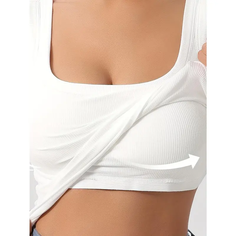 Solid Color Scoop Neck Tank Top, Casual Sleeveless Removable Chest Pad Slim Tank Top For Summer, Women's Clothing 0