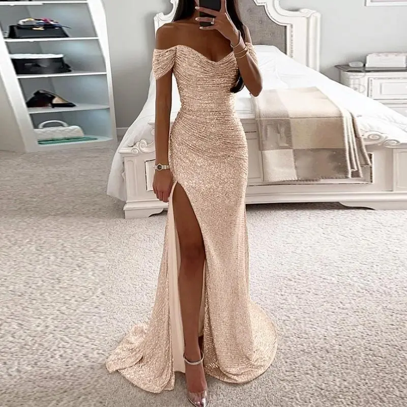 【2025】Women cheers dress elegant high slit New Lady party bandeau slim sequin maxi dress sexy slash neck glitter floor-length dress