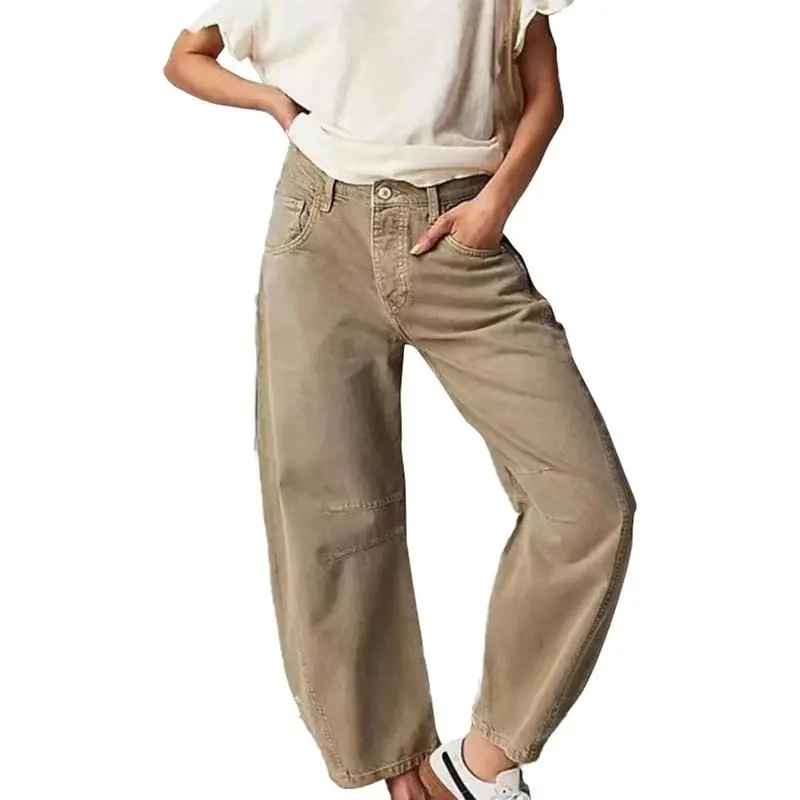Denim Harem Pants Women Mid Rise Stretch Wide Leg Juniors Work Jeans Distressed Classic Washed Cotton Baggy Y2k Barrel Jeans Vintage Streetwear with Pockets