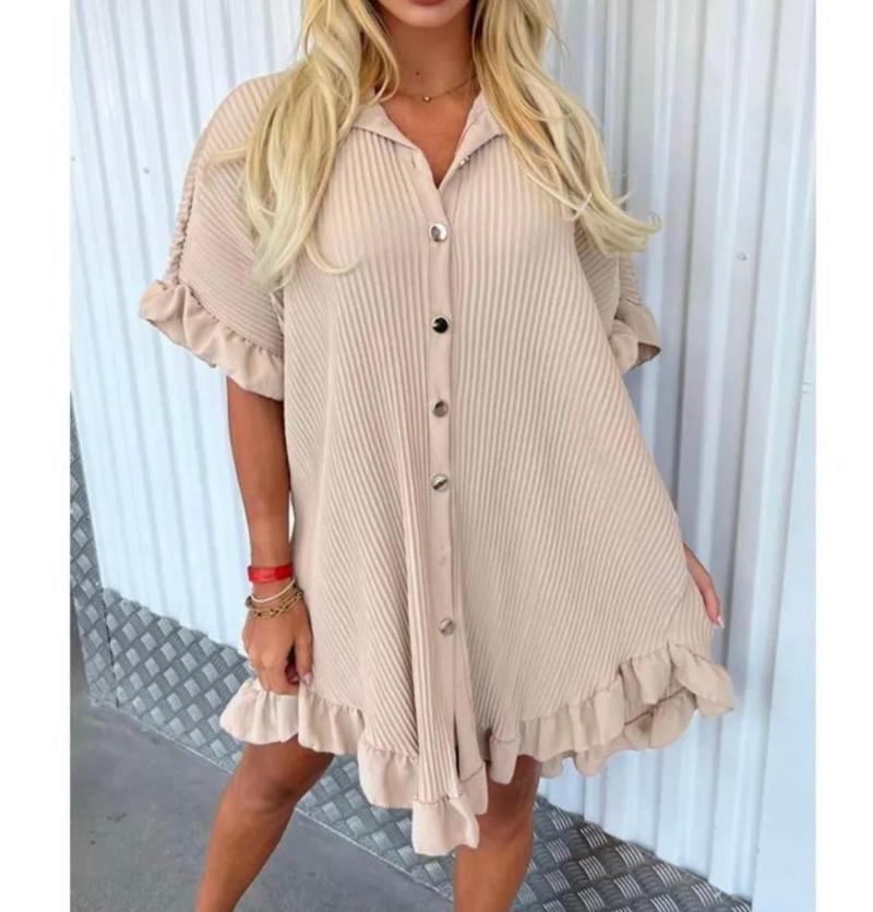 Product Introduction of Women’s Ladies Gold Button Pleated Frill Summer Shirt Swing Mini Dress Viral TikTok Top Casual Fabric 7