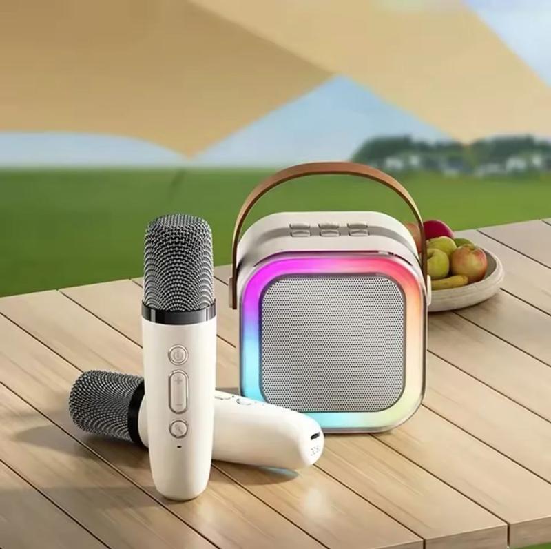 Portable Wireless Karaoke Speaker with 2 Mic, HiFi Stereo Sound and Colorful LED Lights for KTV, Audio and Smartphone Bluetooth Plastic 3