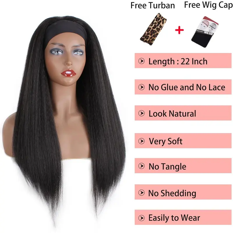 Kachanaa 22 Inch Black Yaki Headband Wig Long Natural Kinky Curly Wig Synthetic Glueless Kinky Straight Wigs for Women Daily Party (1B#) 1