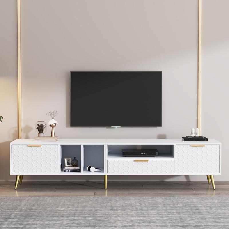 TV Stand for 80inch TV, Entertainment Center with Storage Cabinet and Open Shelves, Embossed Pattern TV Stand, TV Cabinet and Media Console for Living Room, Bedroom, White 0