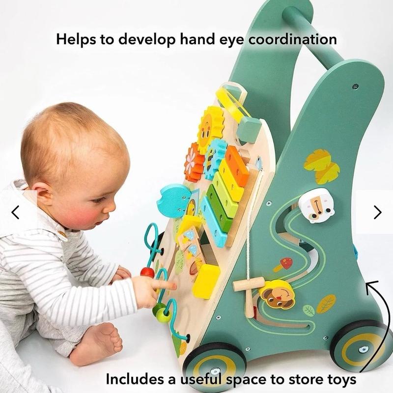 Nuby Wooden Walker, This toy is great for encouraging hand-eye development. The round rotating mirror teaches your baby their reflection. This multi-activity wooden walker comes with a handy storage pouch underneath so your little one can store other toys 3