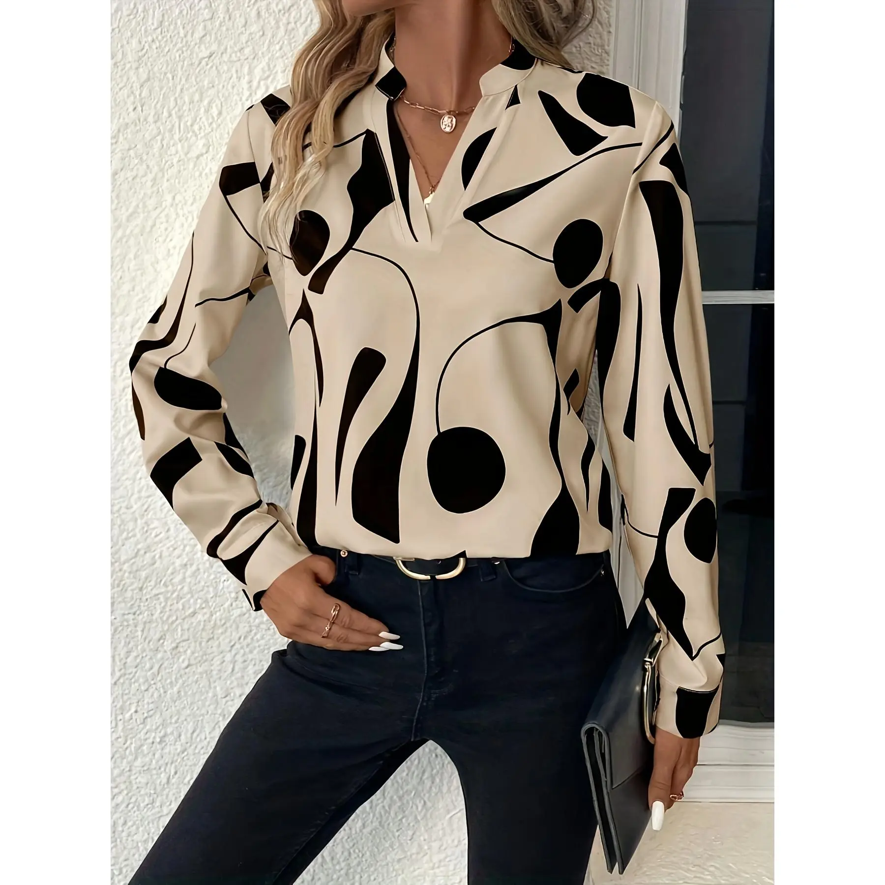 Geo Print V Neck Blouse, Casual Long Sleeve Blouse For Spring & Fall, Women's Clothing