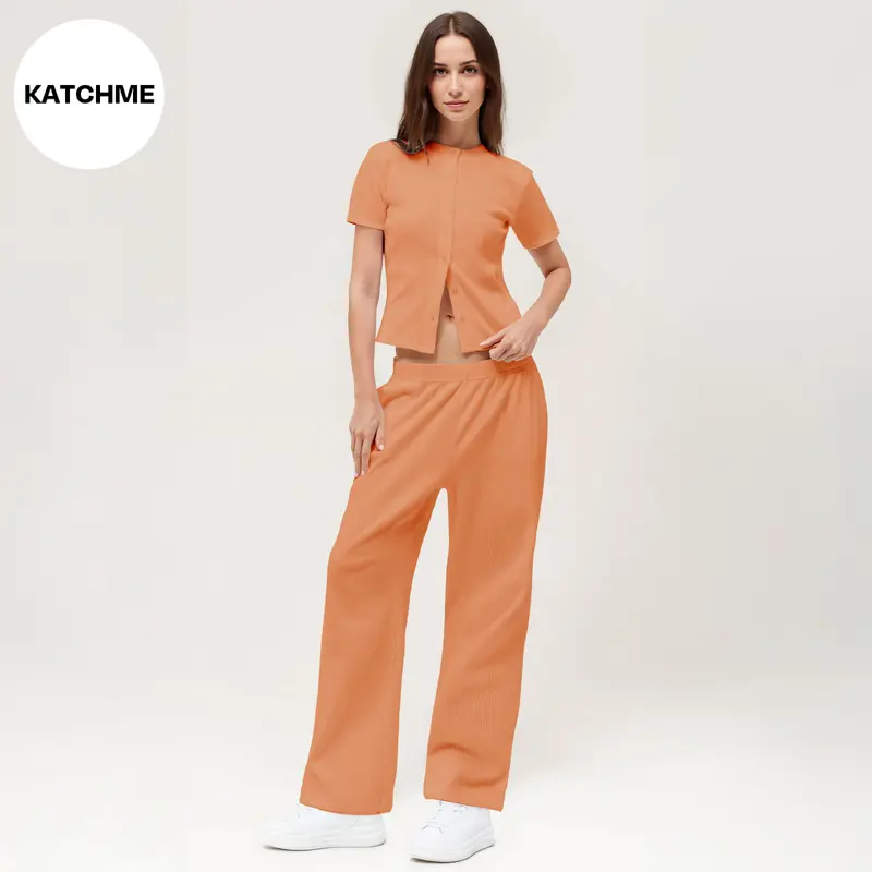 KatchMe Women's Minimalist Solid Color Button-Up Short Sleeve Slim Top & Plicated Wide Leg Trousers Co-ord, Basic Two Piece Outfits, Comfortable Womenswear 2