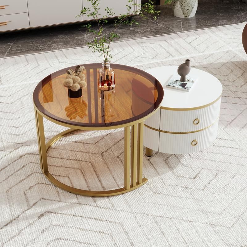 2024 High Quanlity 2-in-1 round MDF coffee table with 1 high-gloss table top and 1 side table with brown tempered glass tabletop, living room coffee table set with 2 drawers, 70*70*45 + 50*50*40 cm  Modern Furniture Coffee Table for Living Room 1
