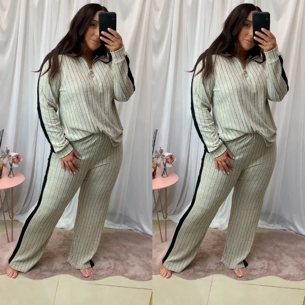Charlotte Stripe Stretchy Zip Lounge Set
