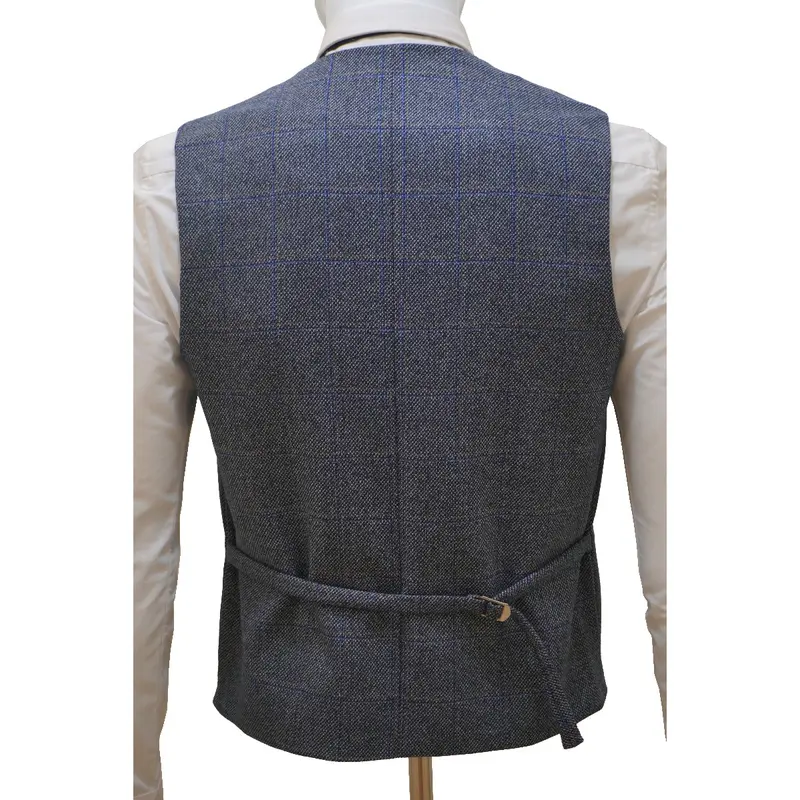 Men's Check Tweed Blue 3 Piece Suit Wool with Jacket, Waistcoat, Trousers and Tie 5