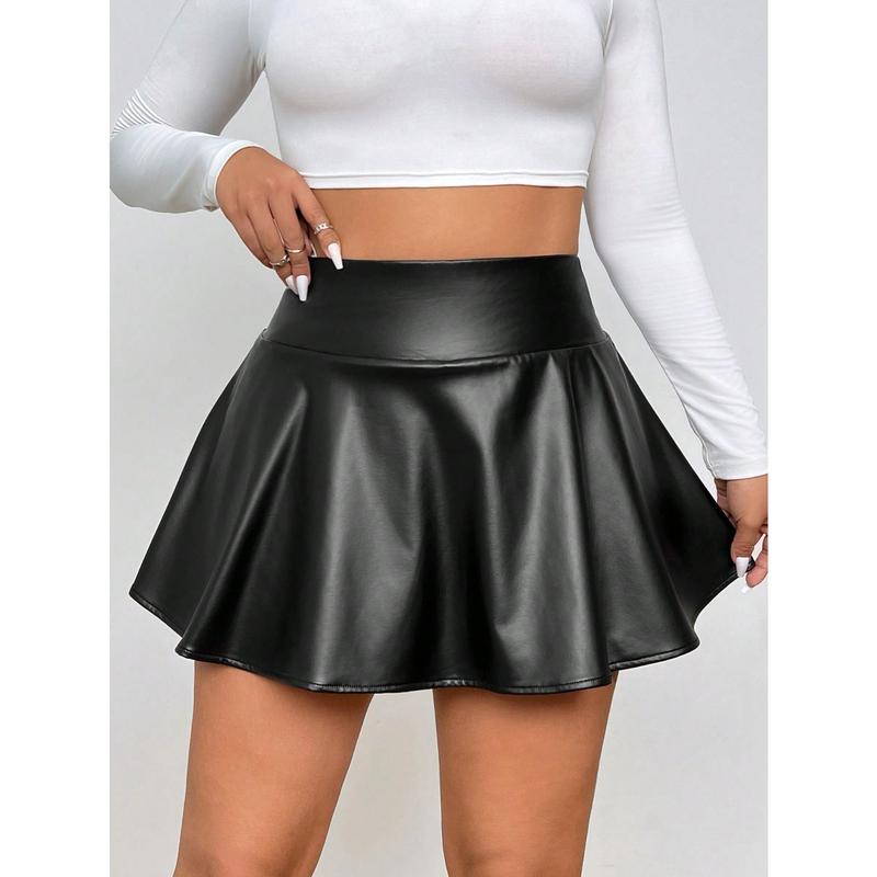 EZwear Plus Size Women Black Faux Leather Mini Skirt With Shorts Lining And Pockets Bottoms Fit 4